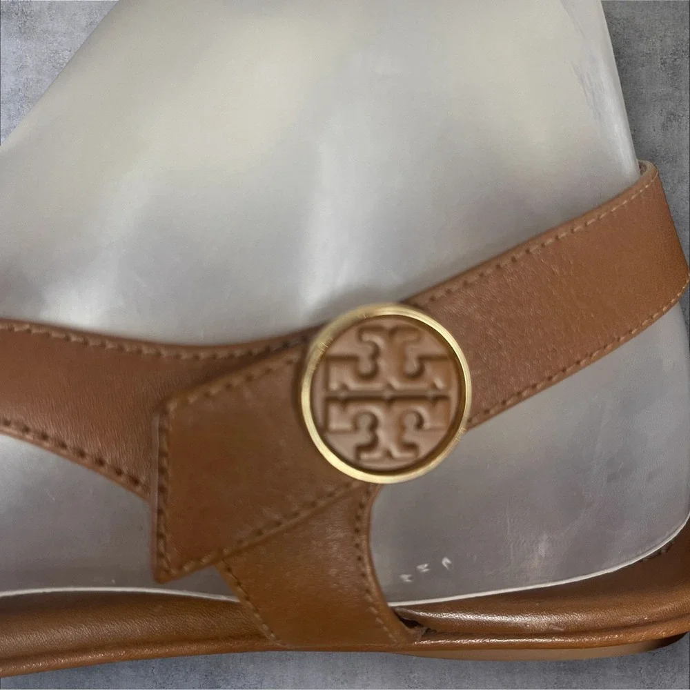 Tory Burch Minnie Travel Sandals Caramel Brown Leather Thong Womens 8M Classic